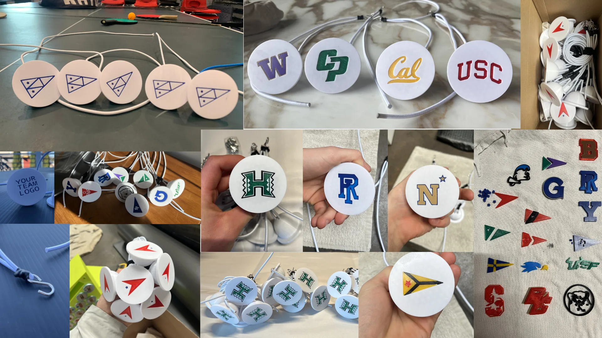 Dozens of ProPlugs engraved with college and yacht club marks, on the bench and held up in the hand.